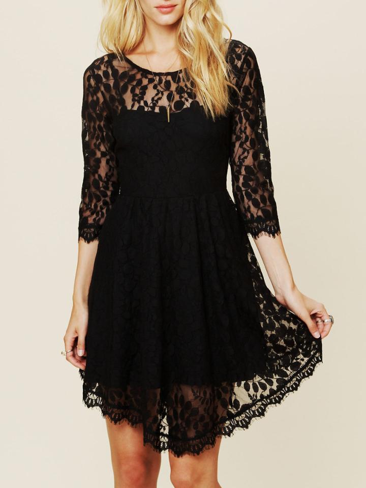 Romwe Round Neck Soluble Flowers Lace Black Dress
