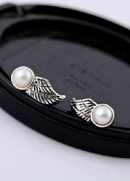 Romwe Retro Silver Bead Wing Stud Earrings