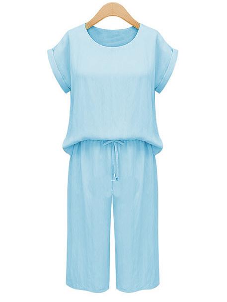 Romwe Blue Cuffed Top With Drawstring Pant