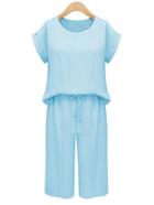 Romwe Blue Cuffed Top With Drawstring Pant