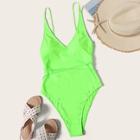 Romwe Neon Lime Lace Up High Leg One Piece Swimsuit