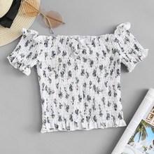 Romwe Frill Trim Crop Shirred Top