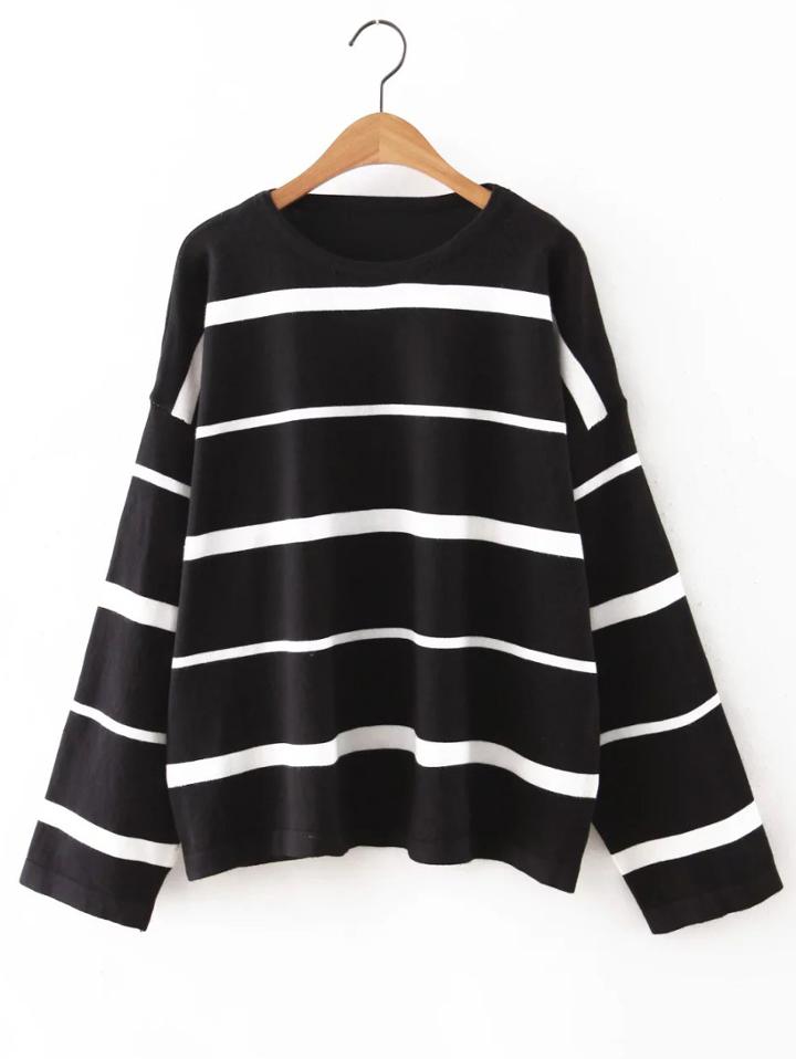 Romwe Black Round Neck Stripe Sweater