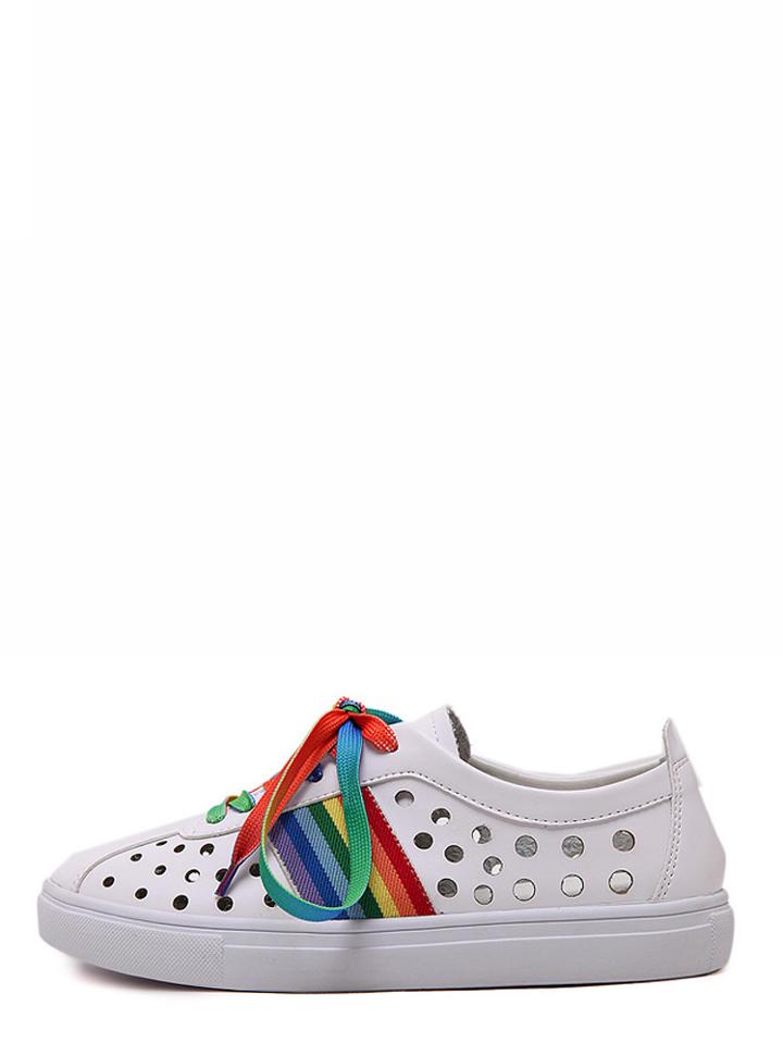 Romwe White Round Toe Lace-up Hollow Flats