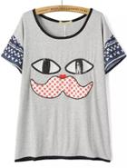Romwe With Sequined Moustache Pattern Grey T-shirt