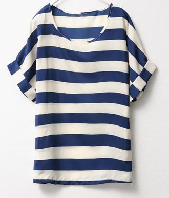 Romwe Blue White Short Sleeve Striped Chiffon Blouse