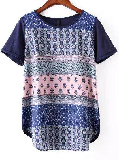 Romwe Navy Short Sleeve Casual Floral Loose T-shirt