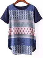 Romwe Navy Short Sleeve Casual Floral Loose T-shirt