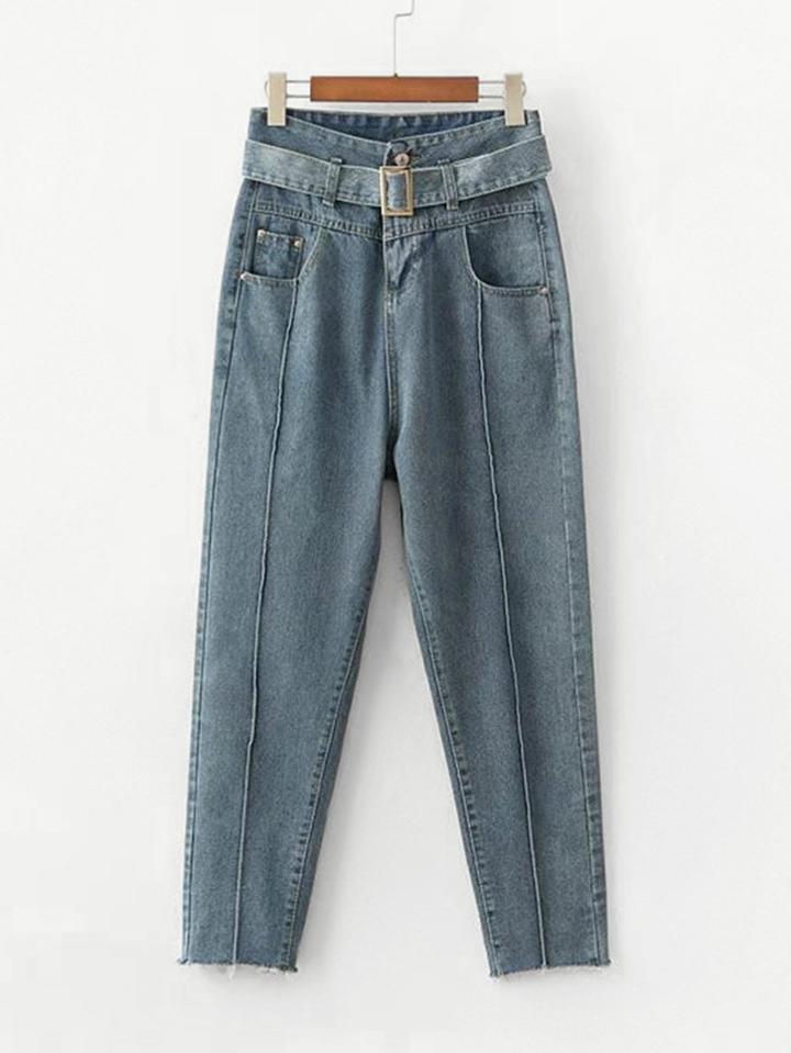 Romwe Seam Detail Raw Hem Belted Jeans