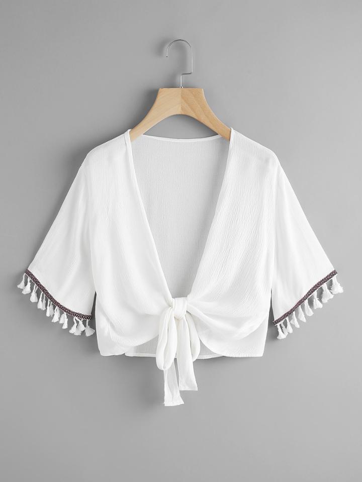 Romwe Embroidered Taped Fringe Cuff Knot Open Front Top