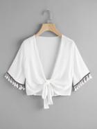 Romwe Embroidered Taped Fringe Cuff Knot Open Front Top