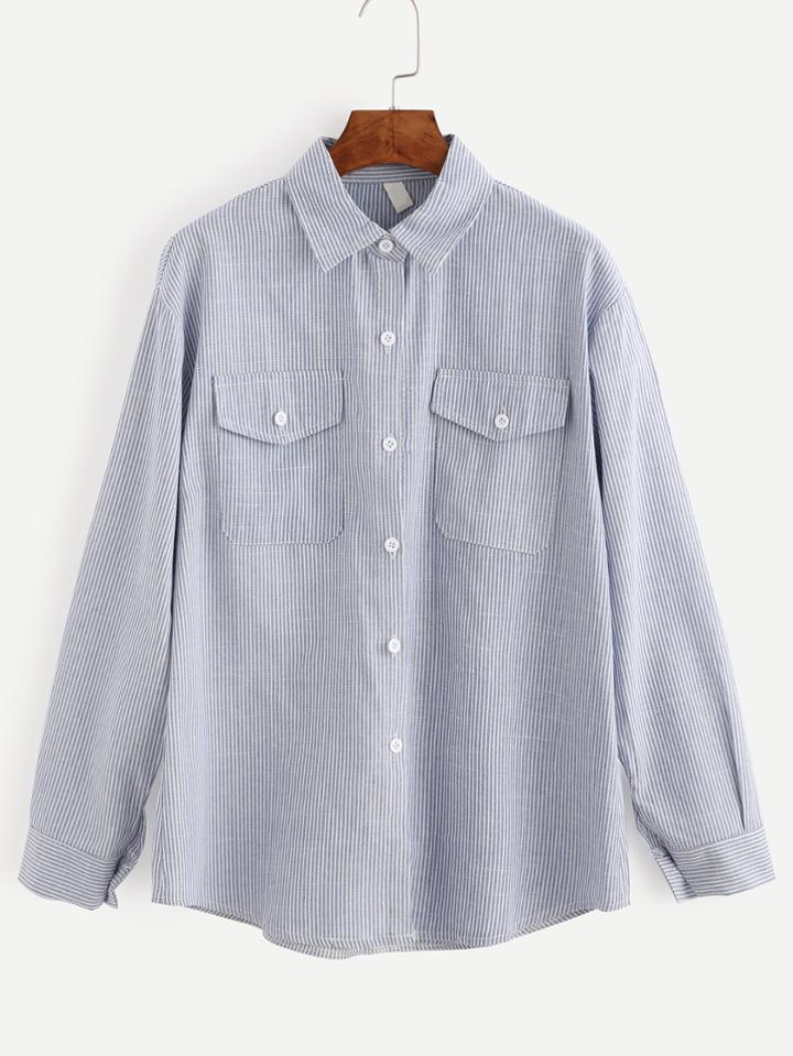 Romwe Navy Vertical Stripe Dual Flap Pocket Blouse