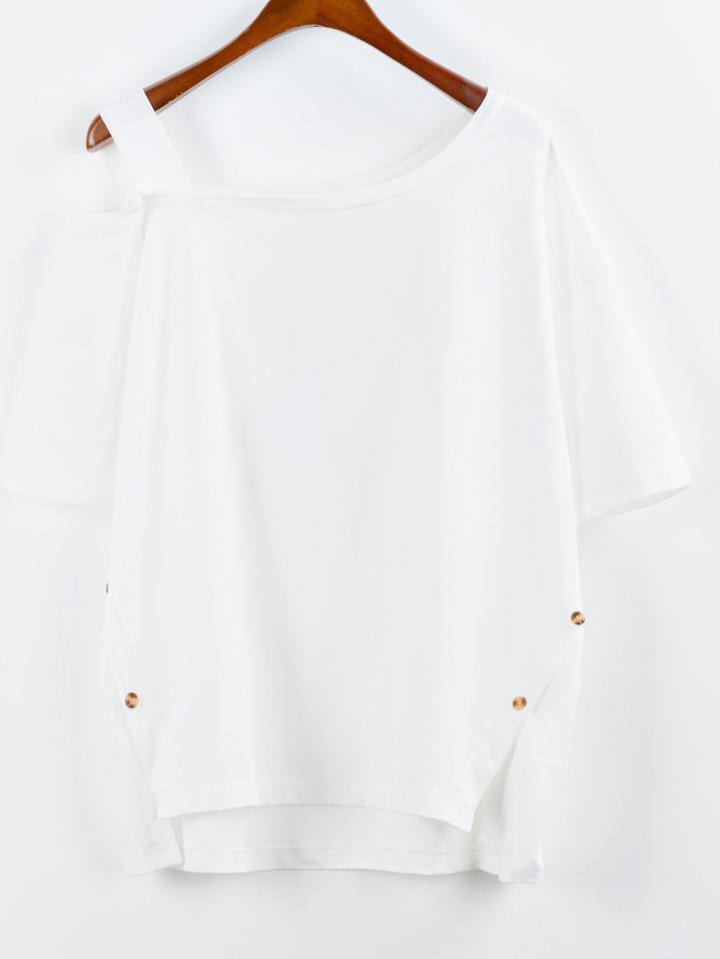 Romwe White Asymmetric Cutout Shoulder Button Side T-shirt