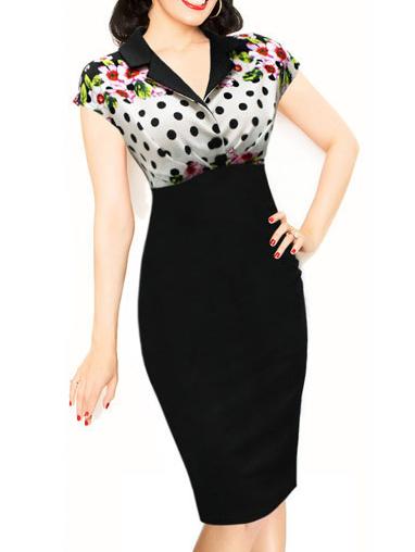 Romwe V Neck Flower Print Polka Dot Sheath Dress