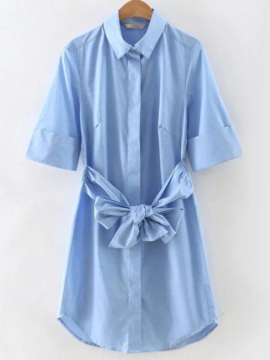 Romwe Blue Lapel Roll-up Cuff Bow Dress