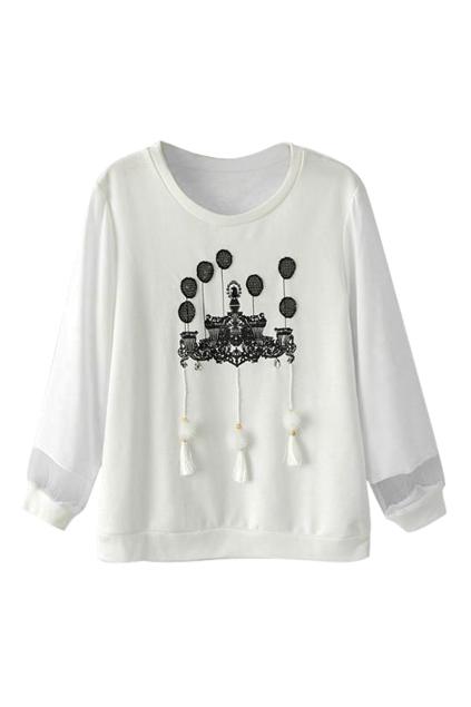Romwe Mesh Panel Tassel White Sweatshirt