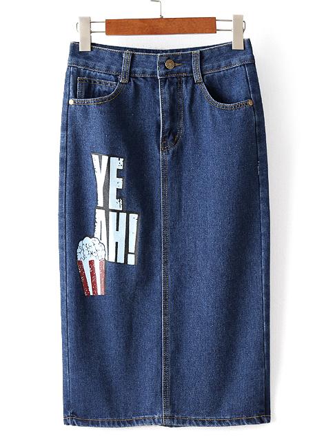 Romwe Dark Blue Printed Pockets Zipper Denim Skinny Skirt