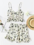 Romwe Ditsy Print Random Tie Neck Frill Cami Top With Shorts