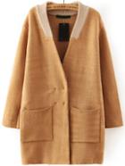 Romwe Contrast Collar With Pockets Camel Cardigan