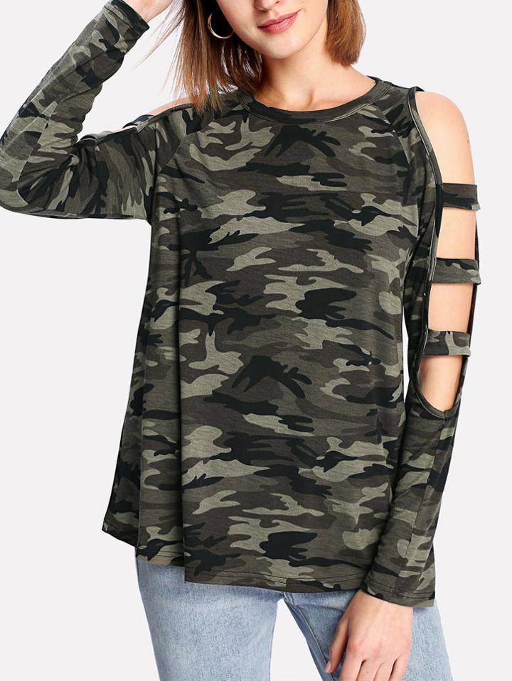 Romwe Cutout Sleeve Camo Print Tee