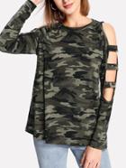 Romwe Cutout Sleeve Camo Print Tee