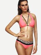 Romwe Pink Leopard Trim Strappy Bikini Set