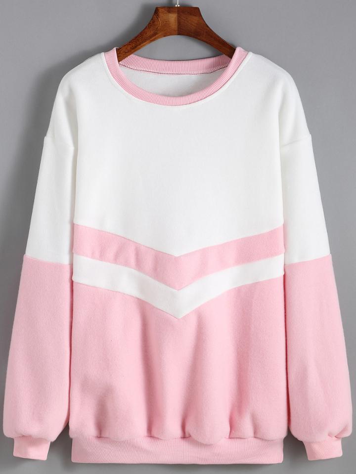 Romwe Colour-block Round Neck Loose Sweatshirt