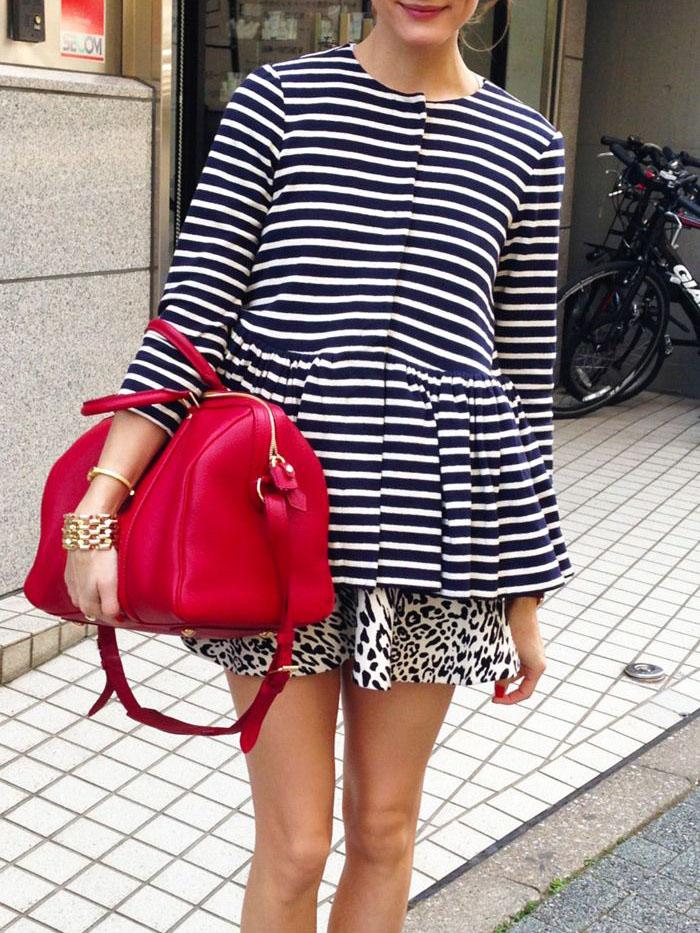 Romwe Nautical Striped Flounce Hem Coat