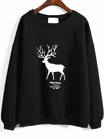 Romwe Deer Print Loose Black Sweatshirt