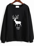 Romwe Deer Print Loose Black Sweatshirt