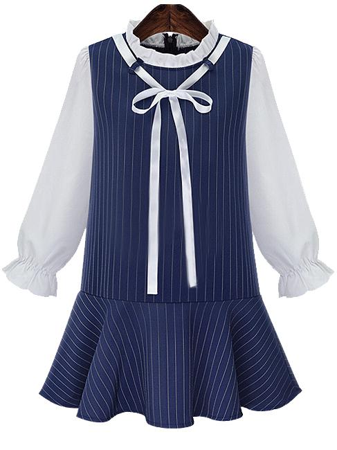 Romwe Ruffle Collar Vertical Striped Bow Dress