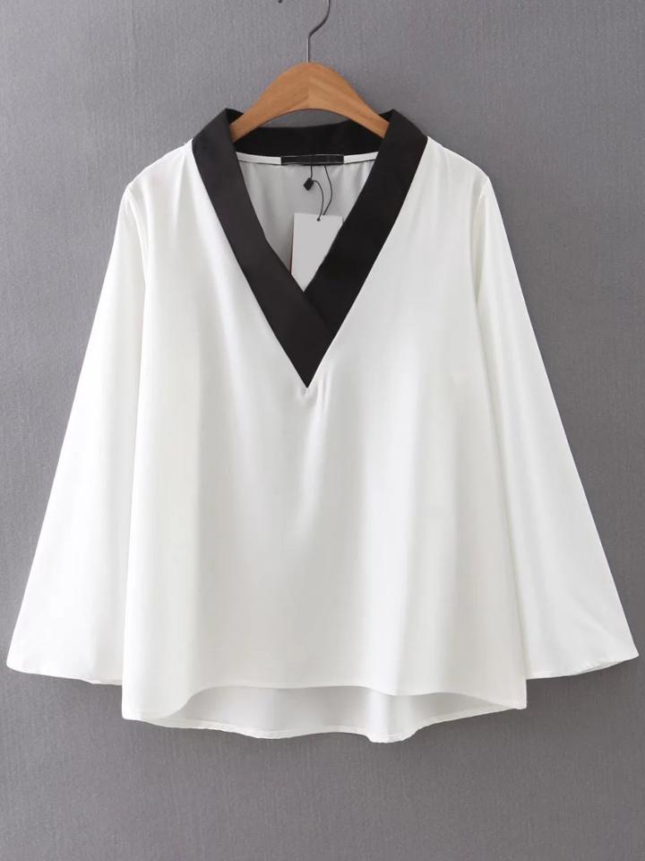 Romwe White Contrast V Neck Dip Hem Blouse