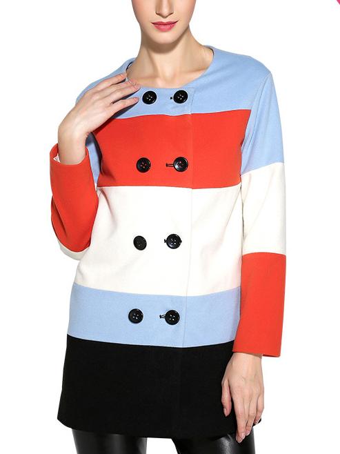 Romwe Color-block Round Neck Buttons Long Coat