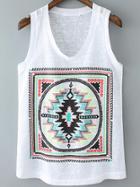 Romwe Tribal Embroidered White Tank Top