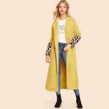 Romwe Leopard Faux Fur Cuff Longline Coat