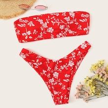 Romwe Calico Print Bandeau With High Cut Bikini Set