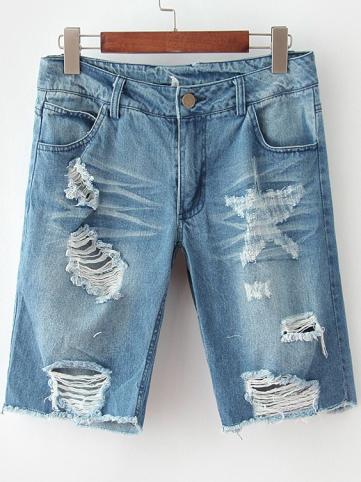 Romwe Blue Ripped Bleached Denim Half Pant