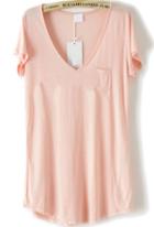 Romwe V Neck With Pocket Pink T-shirt