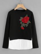 Romwe Contrast Hem Rose Applique Tee