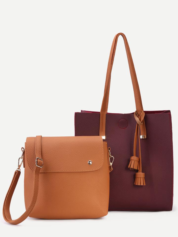 Romwe Burgundy Pu Tassel Trim Tote Bag With Crossbody Bag