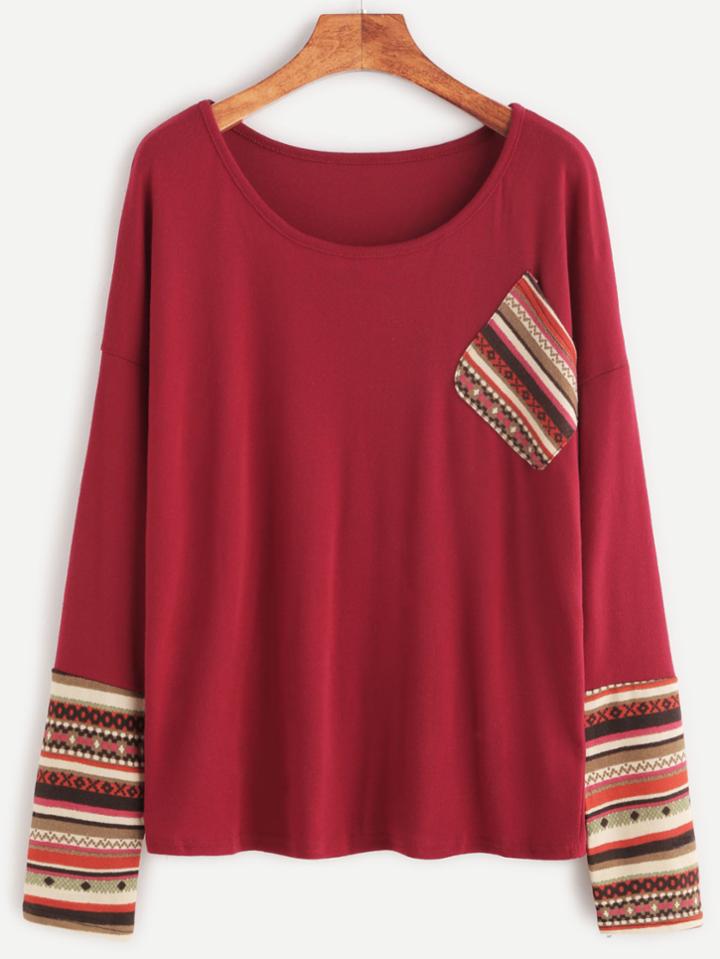 Romwe Burgundy Contrast Tribal Print Drop Shoulder Pocket T-shirt