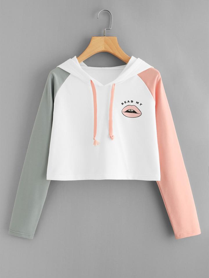 Romwe Lips Print Contrast Sleeve Crop Hoodie