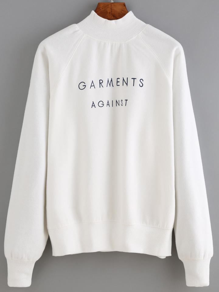 Romwe White High Neck Letter Print Sweatshirt