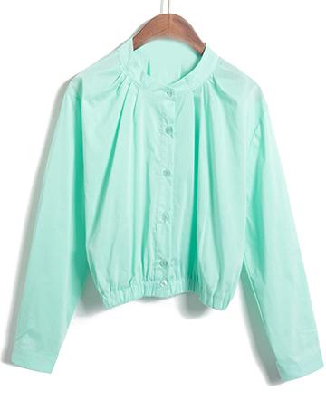 Romwe Stand Collar Buttons Crop Green Blouse
