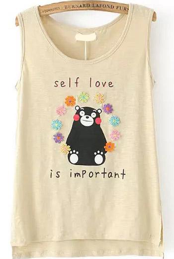 Romwe Dip Hem Bear Print Embroidered Khaki Tank Top