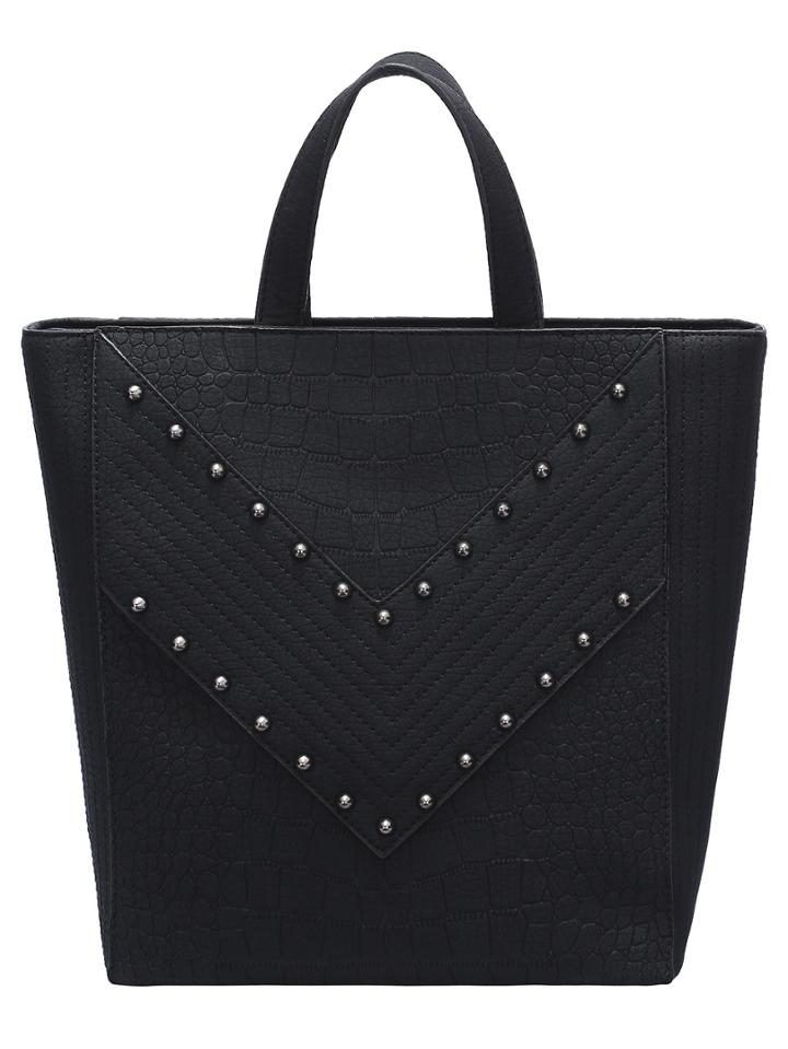 Romwe Black Zipper Rivets Pu Shoulder Bag