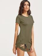 Romwe Army Green Ripped Detail Curved Hem T-shirt