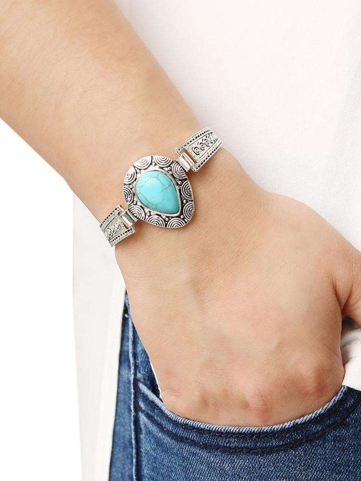 Romwe Teardrop Turquoise Set-in Carved Bracelet