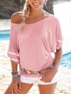 Romwe Pink Striped Dolman Sleeve T-shirt