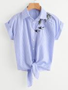 Romwe Swallows Embroidered Striped Knot Front Cuffed Shirt
